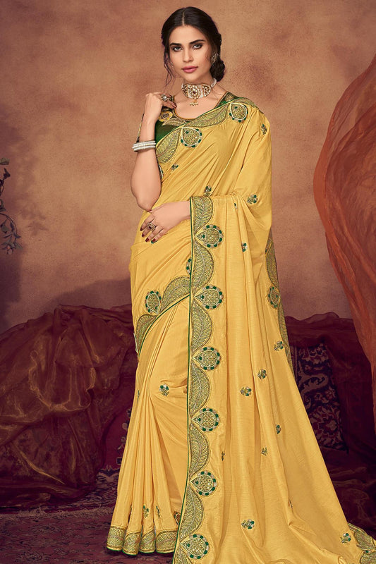Yellow And Forest Green Designer Saree