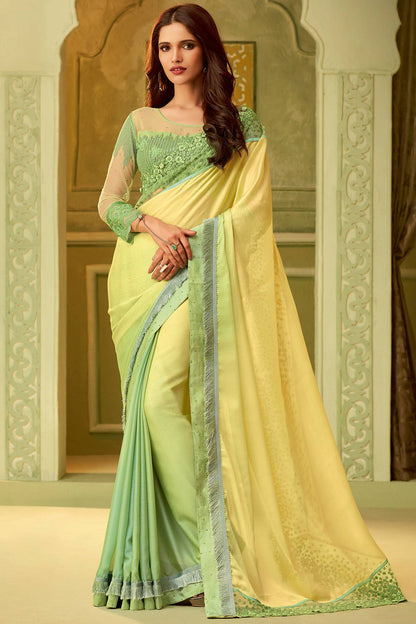Yellow And Green Designer Silk Sari