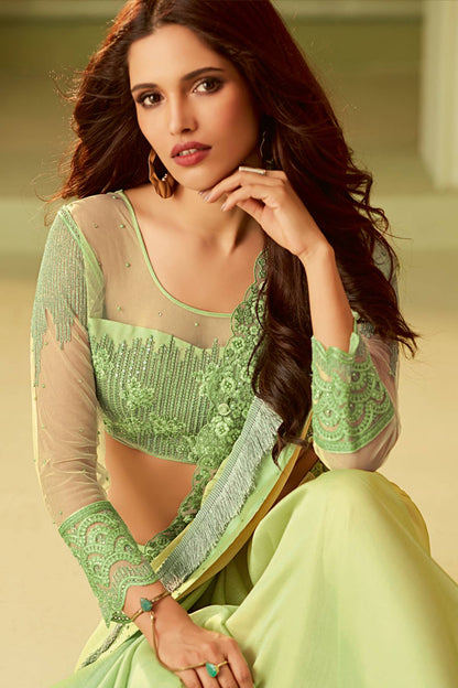 Yellow And Green Designer Silk Sari