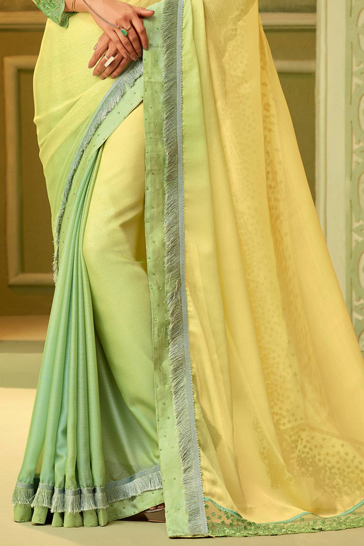 Yellow And Green Designer Silk Sari