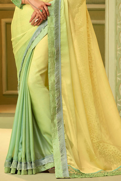 Yellow And Green Designer Silk Sari