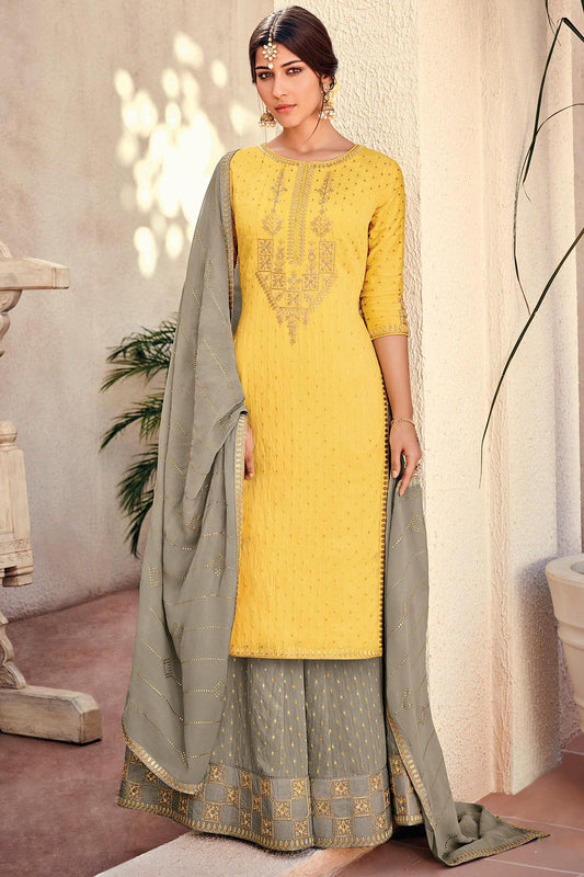 Yellow And Grey Designer Palazzo Suit
