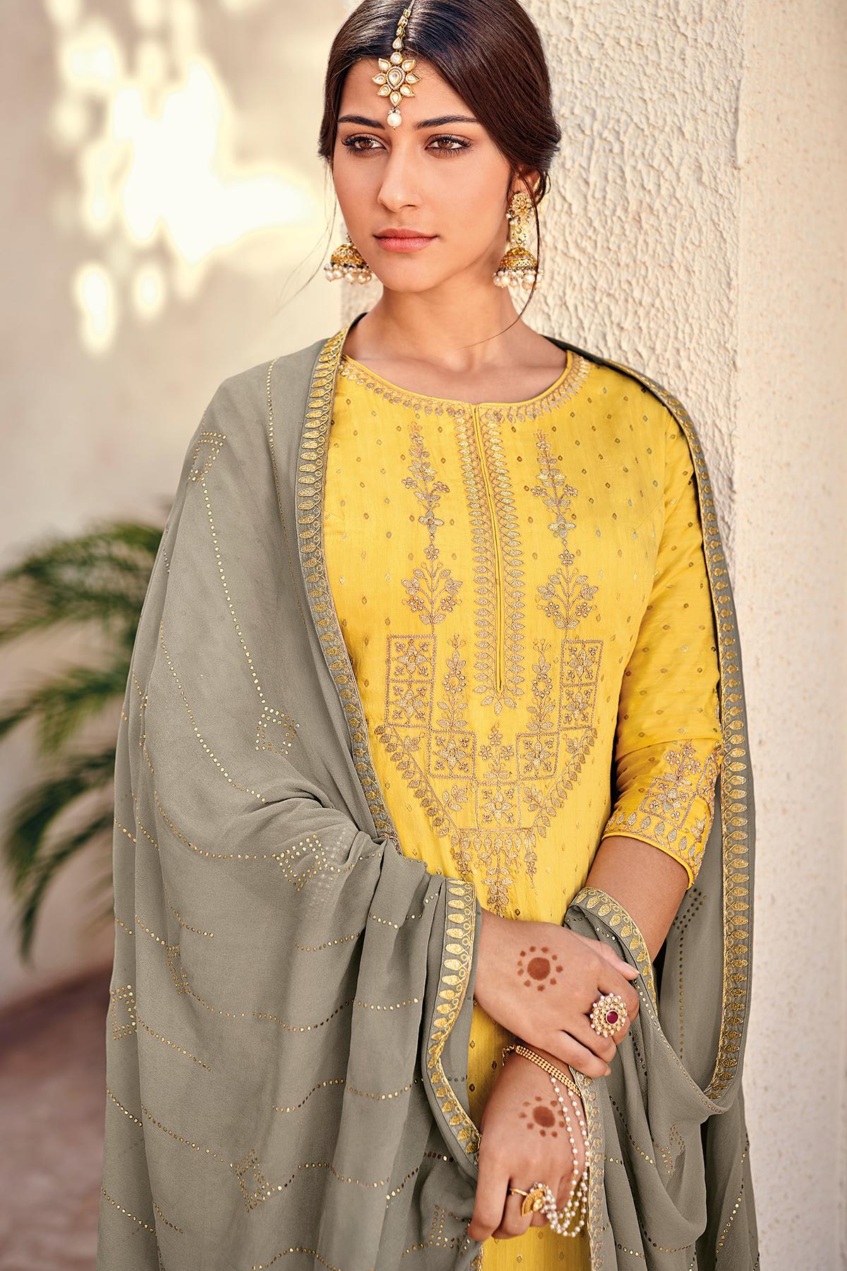 Yellow And Grey Designer Palazzo Suit