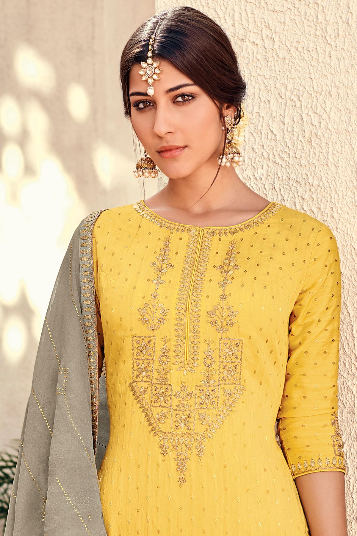 Yellow And Grey Designer Palazzo Suit