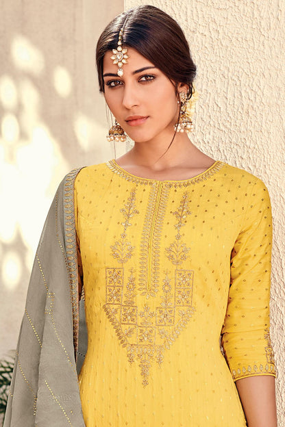 Yellow And Grey Designer Palazzo Suit