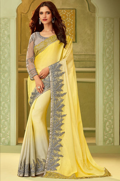 Yellow And Grey Designer Silk Sari