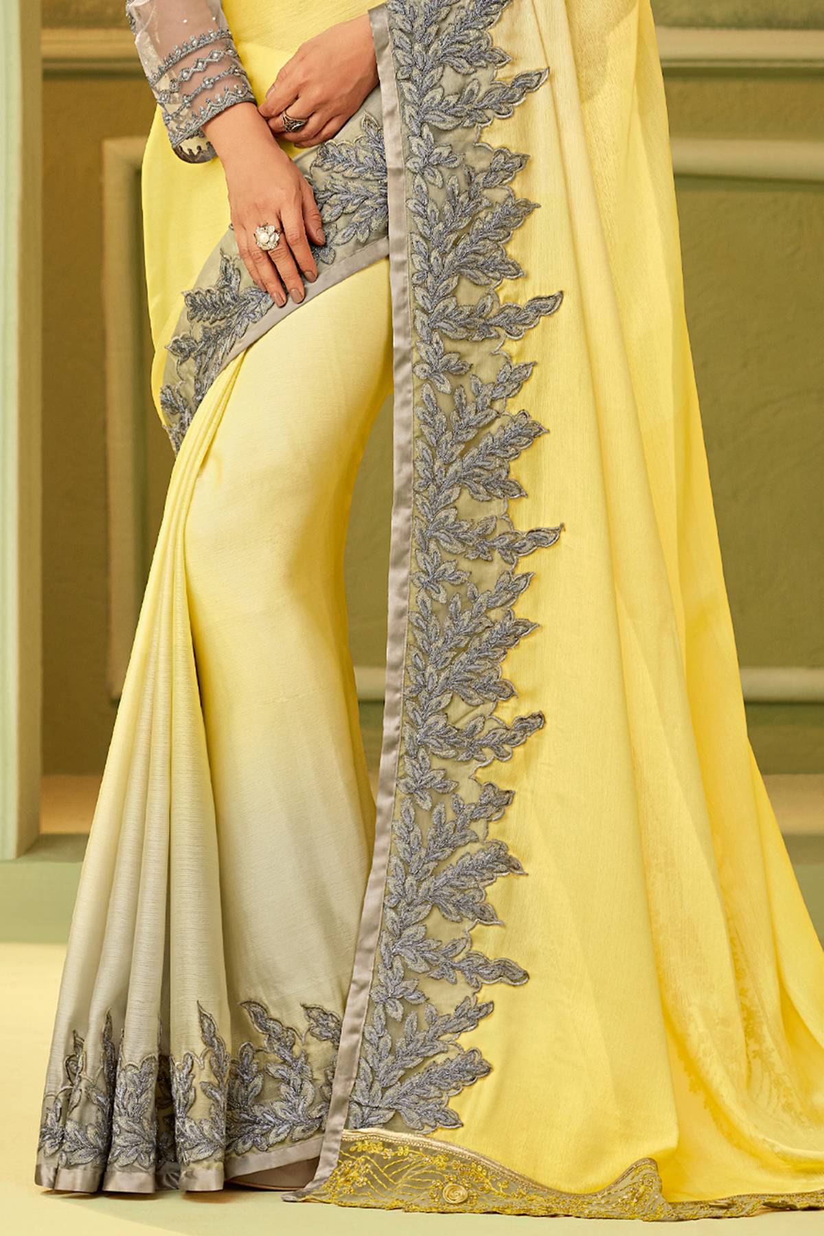 Yellow And Grey Designer Silk Sari