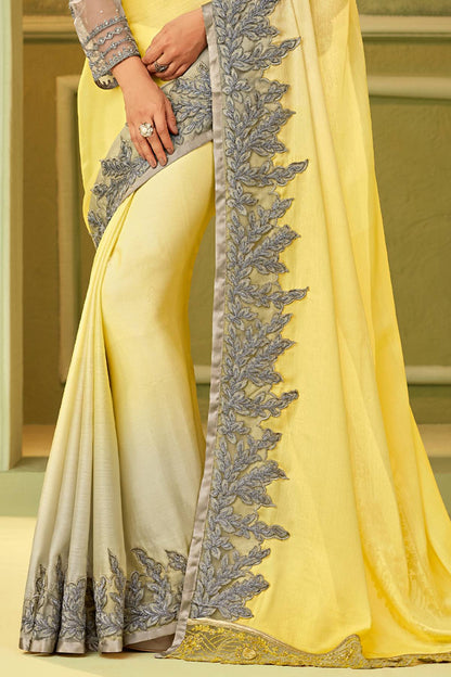 Yellow And Grey Designer Silk Sari