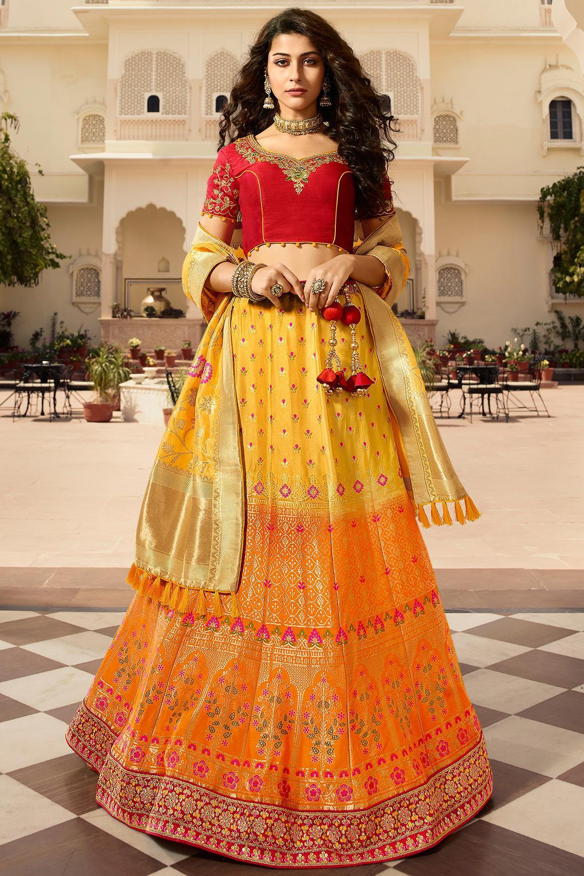 Yellow and Orange Shaded Silk Lehenga Choli