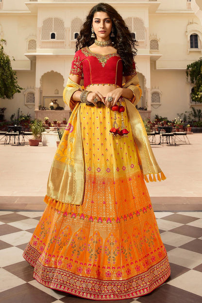 Yellow and Orange Shaded Silk Lehenga Choli
