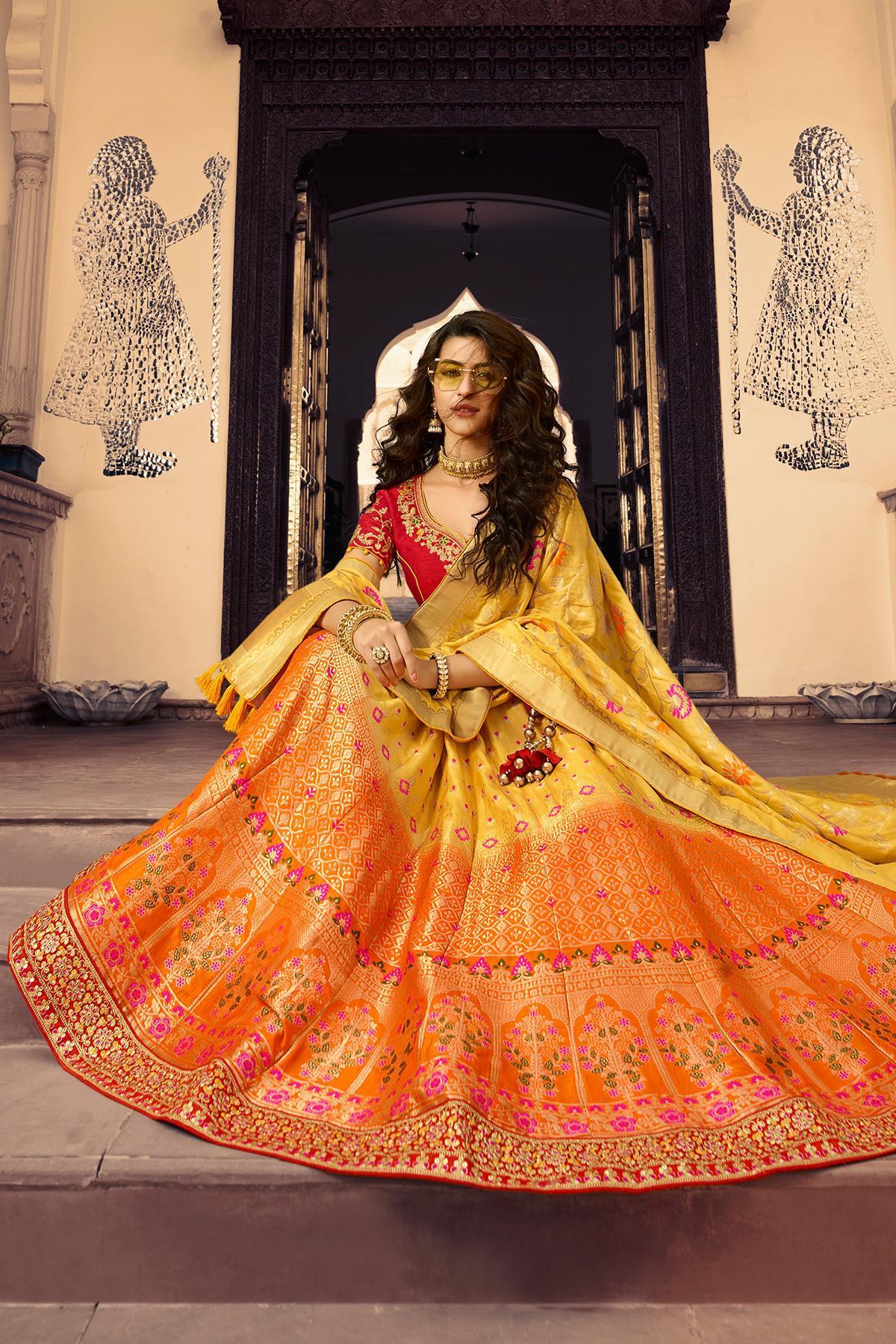 Yellow and Orange Shaded Silk Lehenga Choli