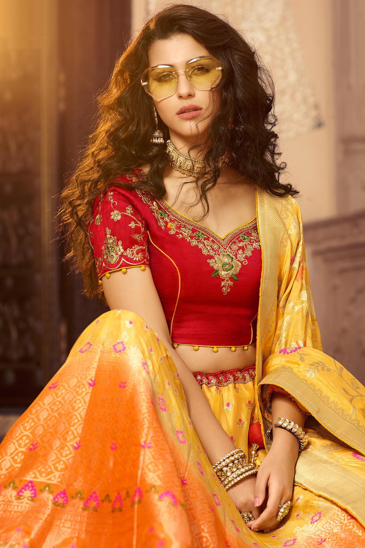 Yellow and Orange Shaded Silk Lehenga Choli