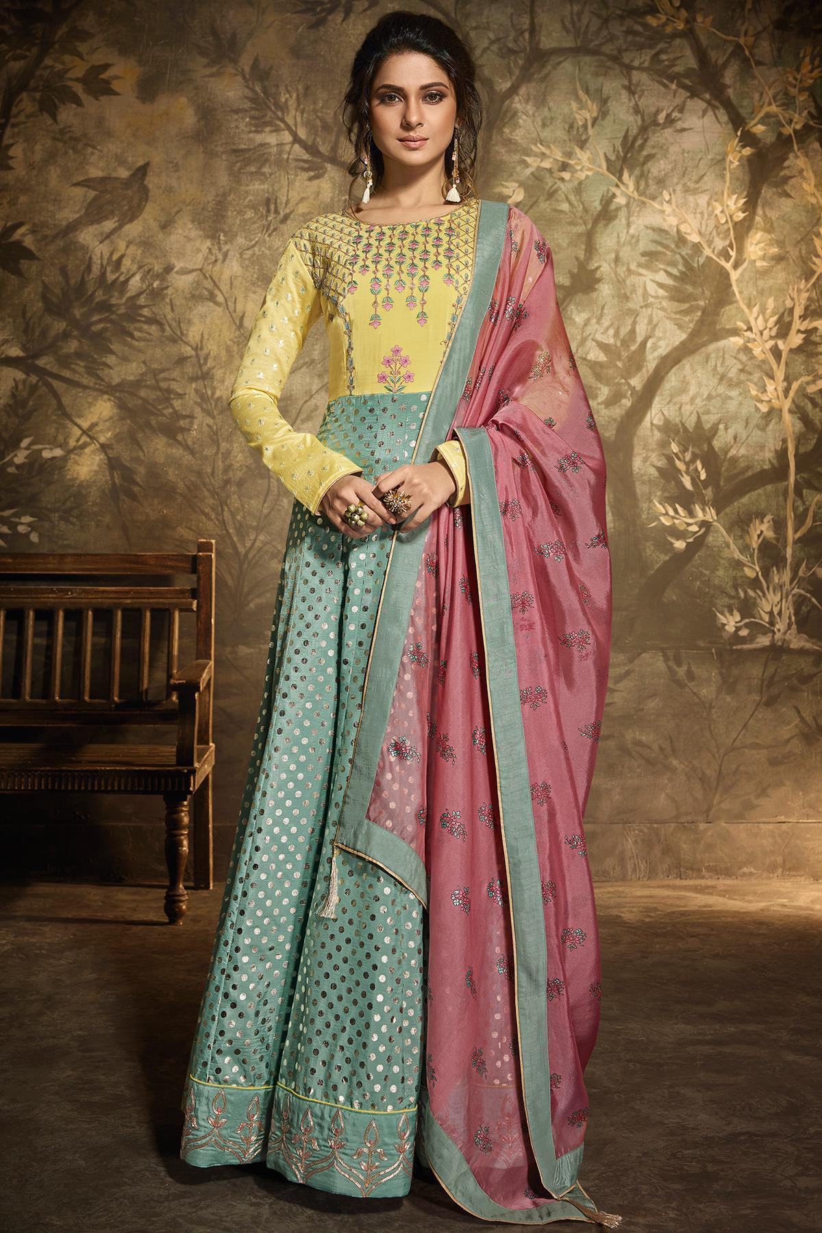 Yellow and Sky Blue Designer Party Wear Gown