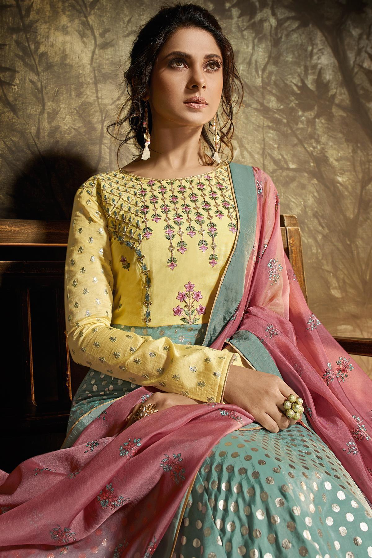 Yellow and Sky Blue Designer Party Wear Gown