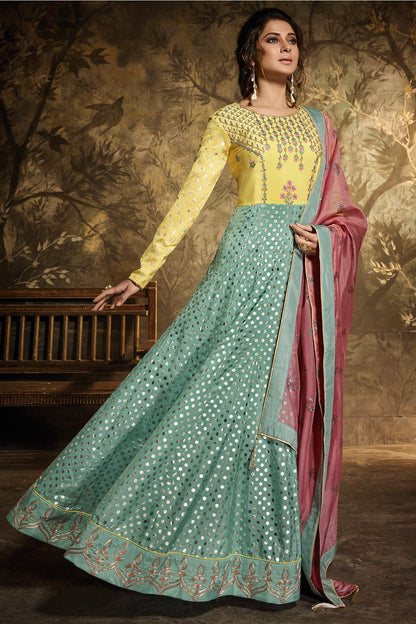 Yellow and Sky Blue Designer Party Wear Gown