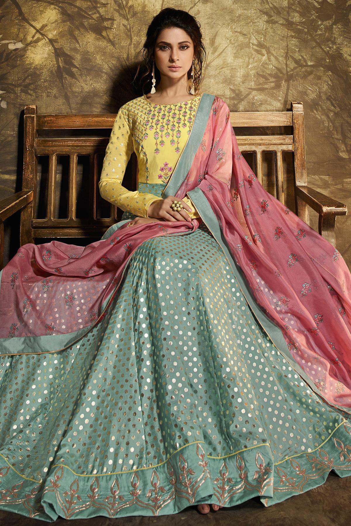 Yellow and Sky Blue Designer Party Wear Gown