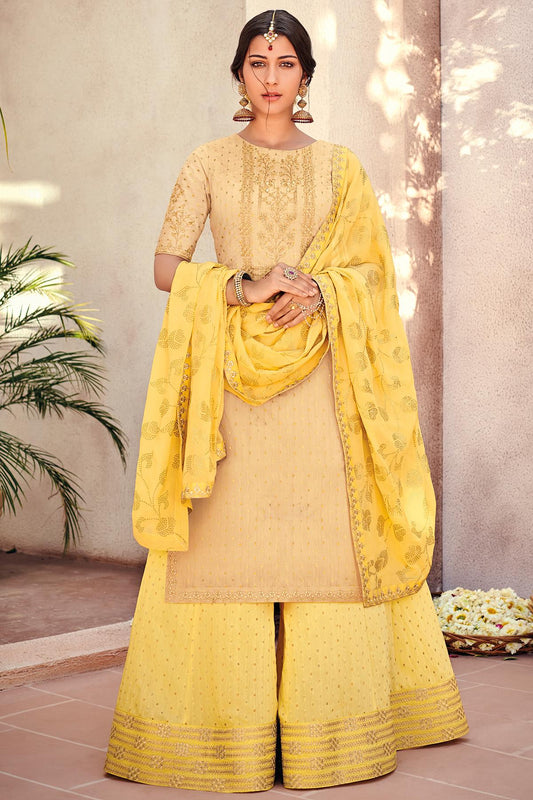 Yellow Banarsi Silk Designer Palazzo Suit
