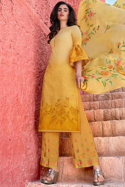 Yellow Casual Cotton Cotton Straight Suit