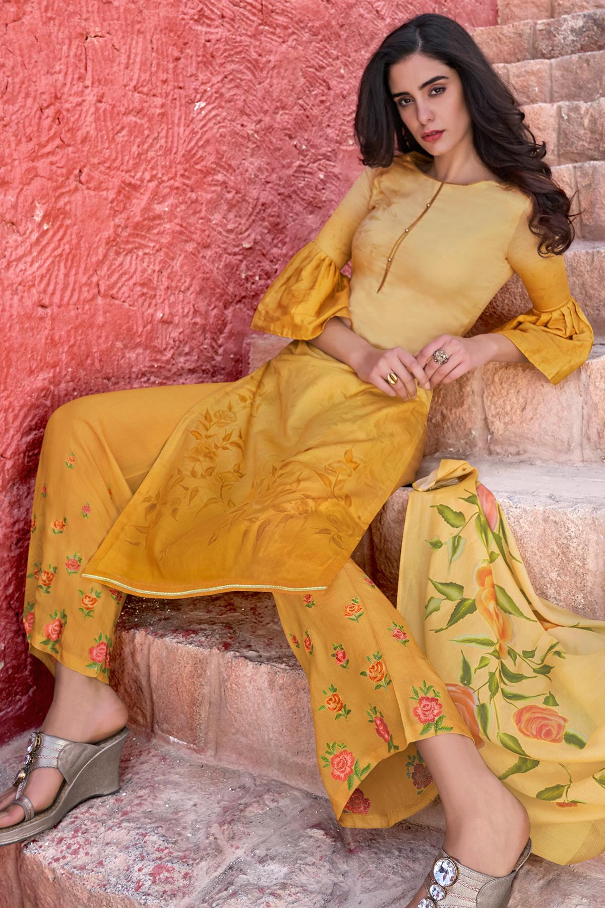 Yellow Casual Cotton Cotton Straight Suit