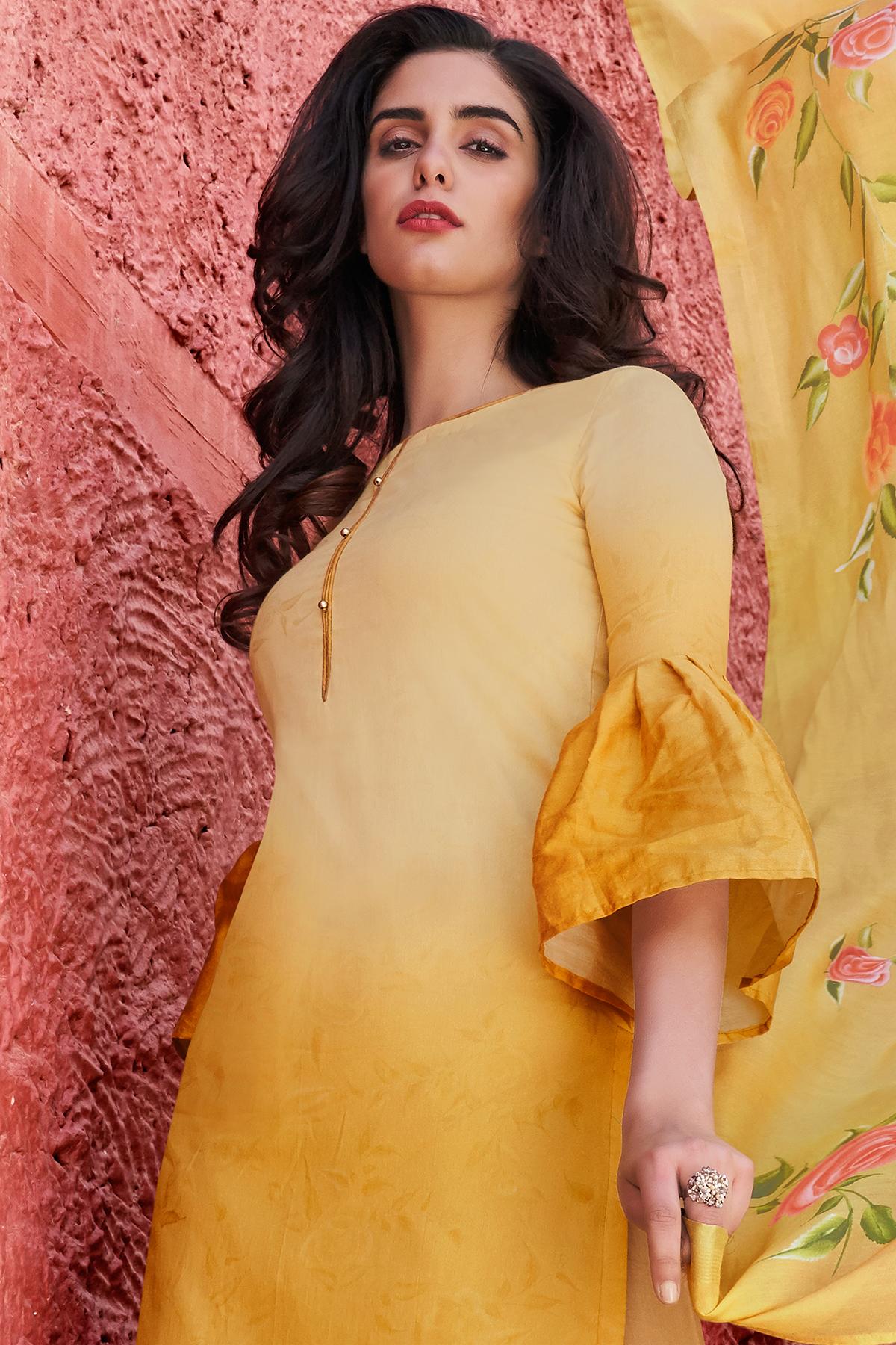 Yellow Casual Cotton Cotton Straight Suit