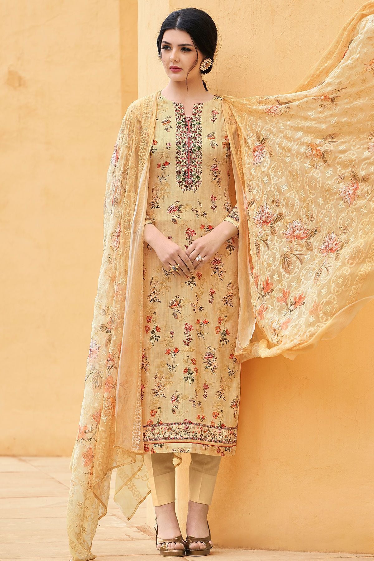 Yellow Cotton casual Wear Straight Suit