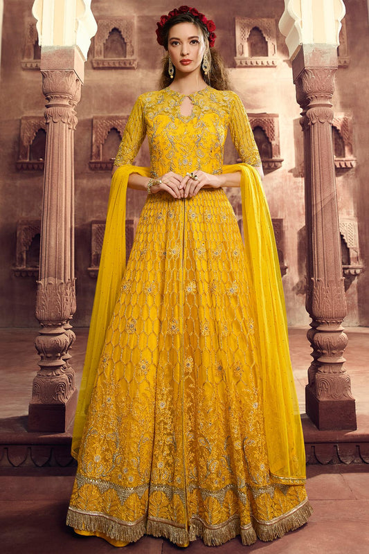 Yellow Designer Butterfly Net Lehenga Style Suit