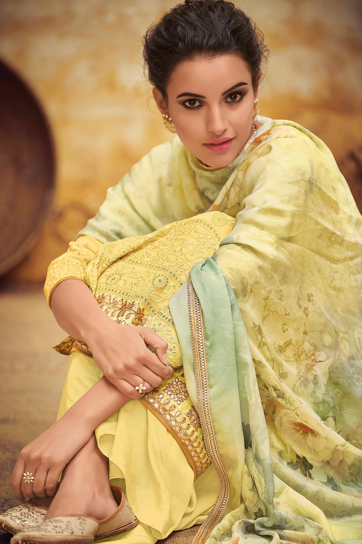 Yellow Designer Georgette Palazzo Suit