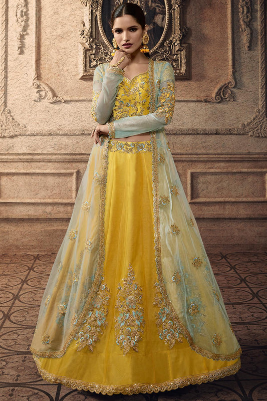 Yellow Designer Net Lehenga Choli Set