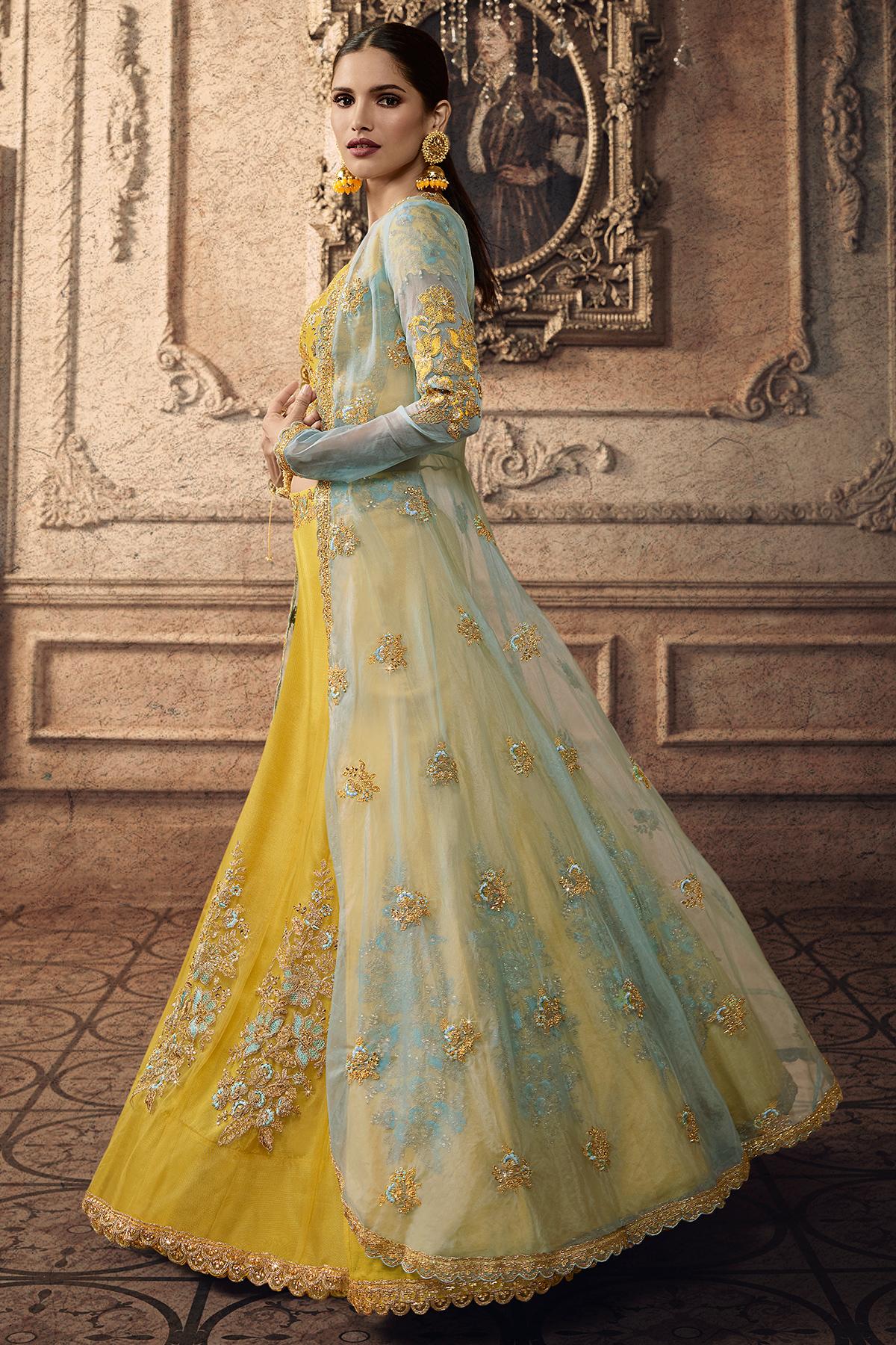 Yellow Designer Net Lehenga Choli Set