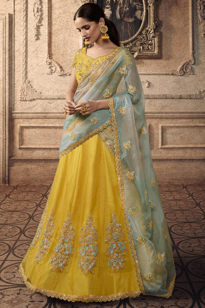 Yellow Designer Net Lehenga Choli Set