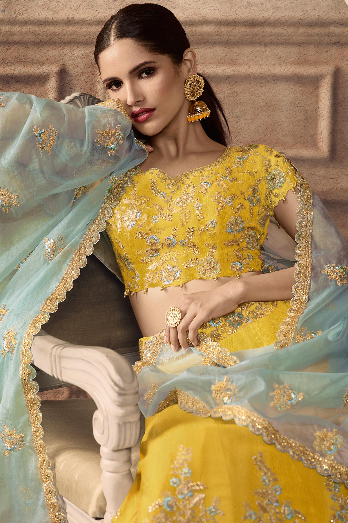 Yellow Designer Net Lehenga Choli Set
