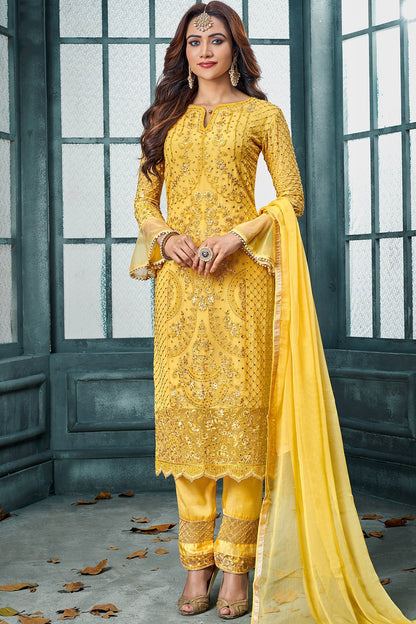 Yellow Embroidered Paryt Wear Straight Suit