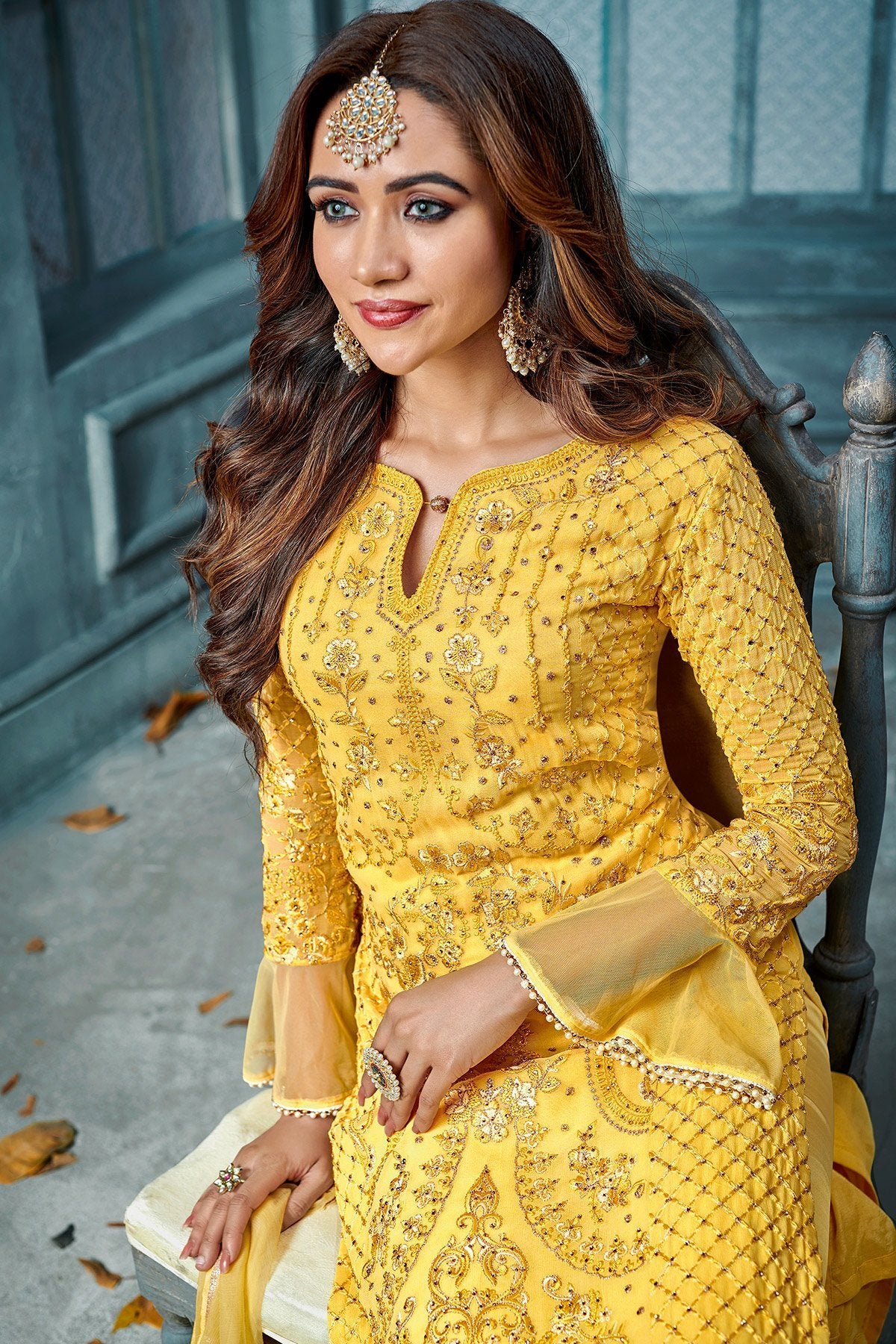Yellow Embroidered Paryt Wear Straight Suit