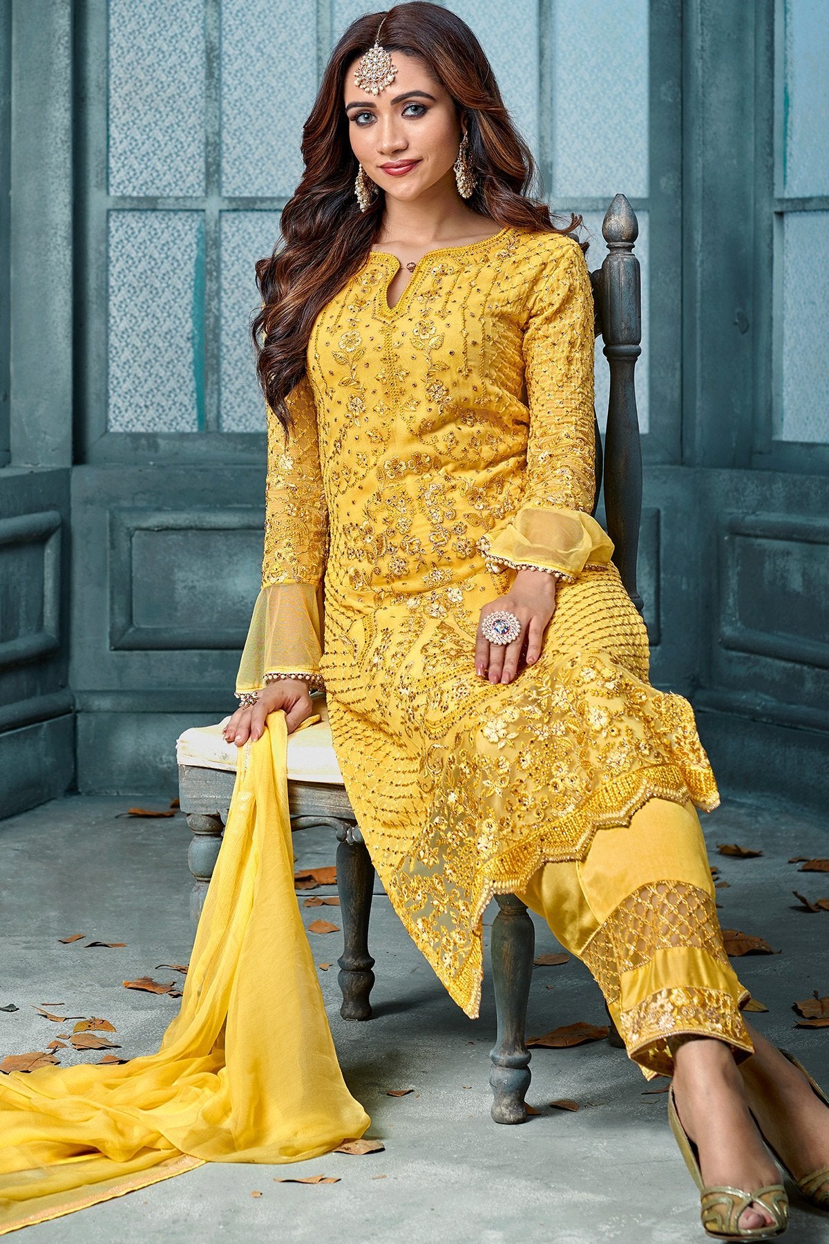 Yellow Embroidered Paryt Wear Straight Suit