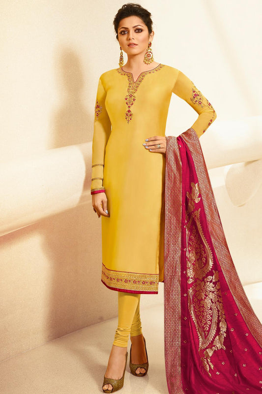 Yellow Embroidered Straight Suit