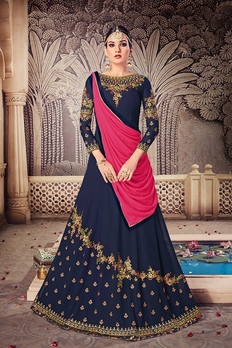Indigo-Blue Floor length Party Wear Anarkali Suit