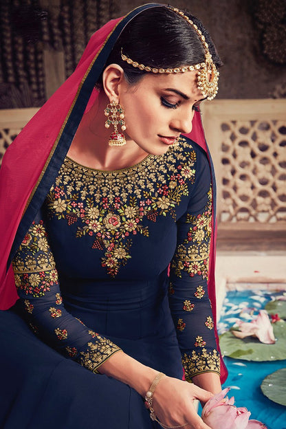 Indigo-Blue Floor length Party Wear Anarkali Suit