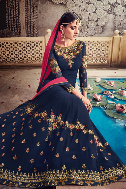 Indigo-Blue Floor length Party Wear Anarkali Suit