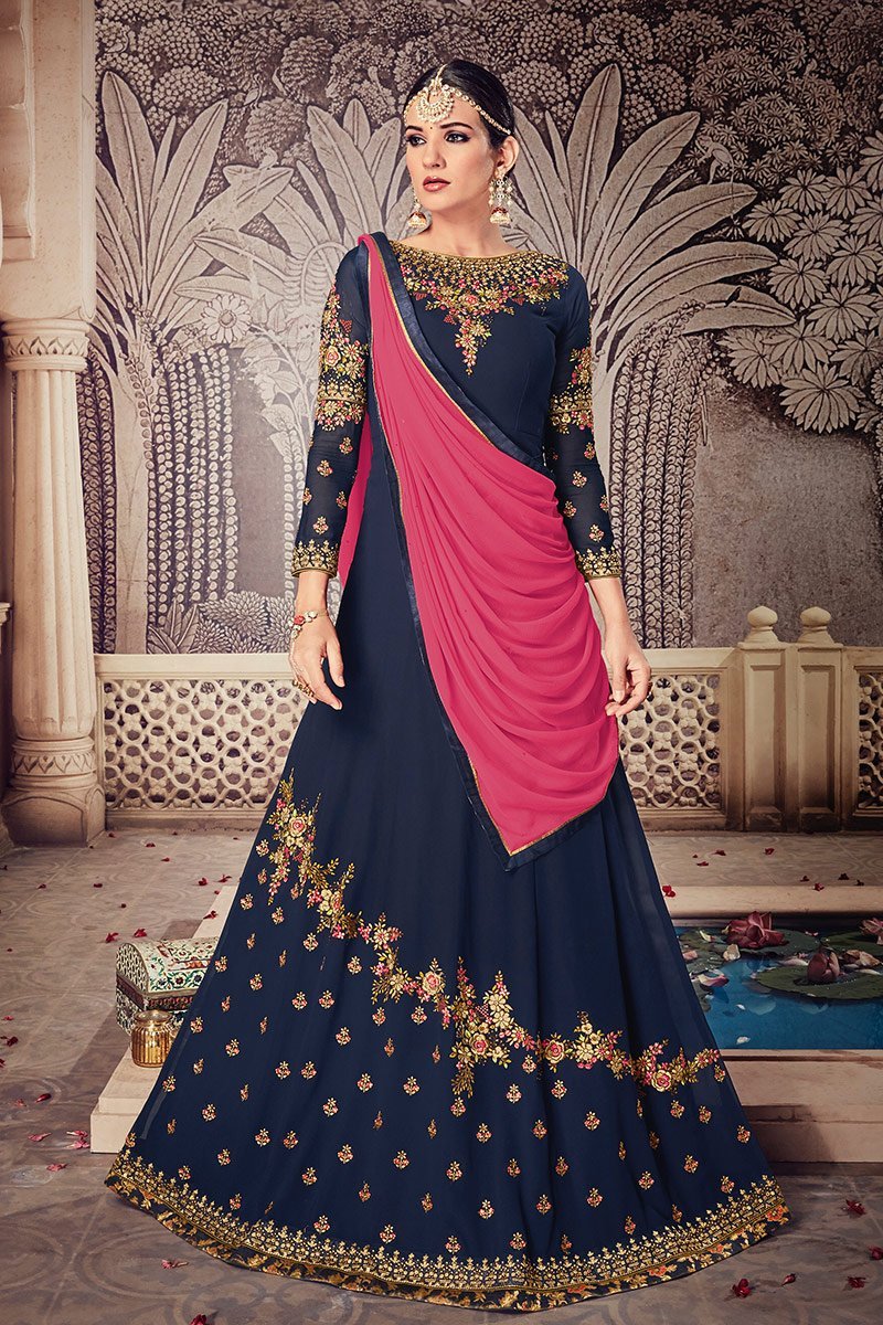 Indigo-Blue Floor length Party Wear Anarkali Suit