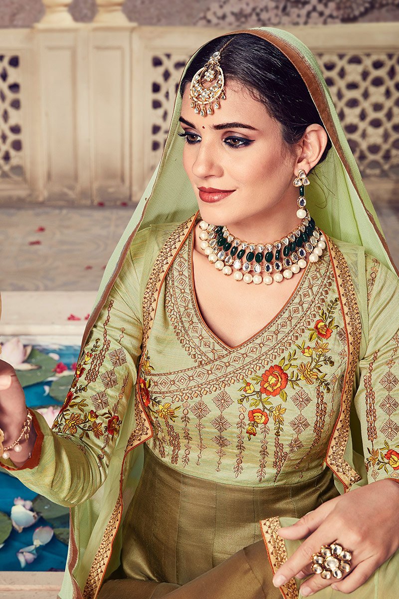 Olive-Green Floor length Party Wear Anarkali Suit
