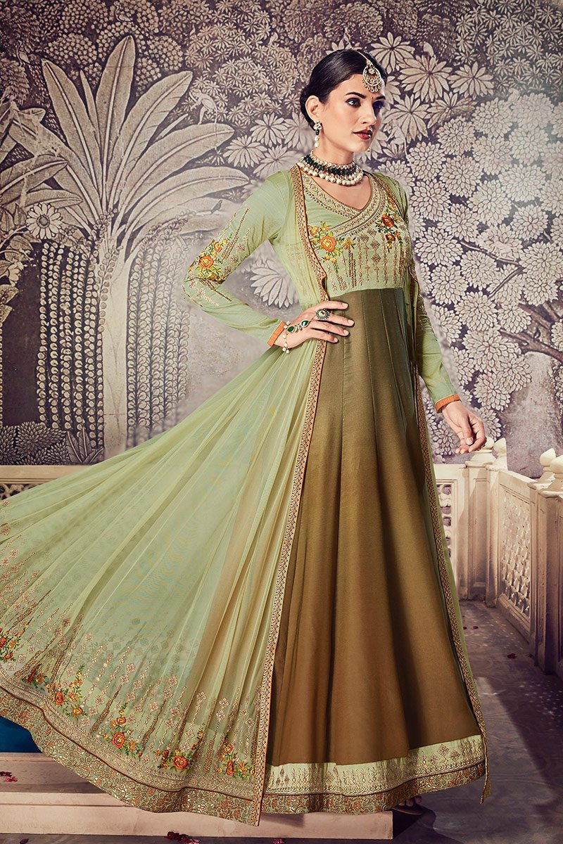 Olive-Green Floor length Party Wear Anarkali Suit