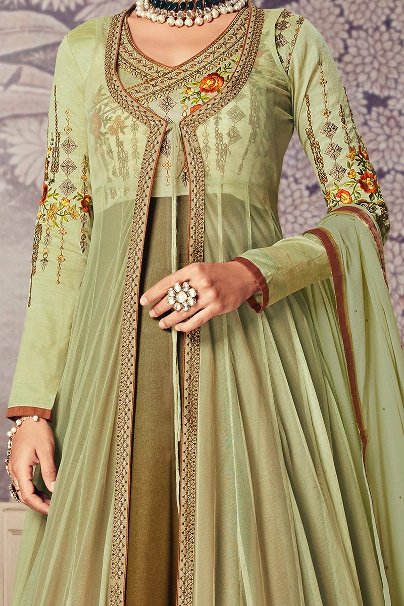 Olive-Green Floor length Party Wear Anarkali Suit