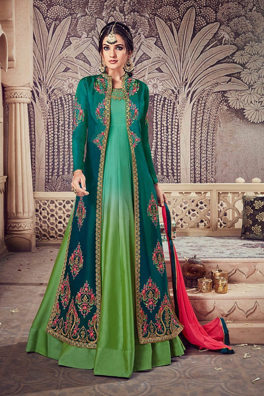 Teal-Blue Floor length Party Wear Anarkali Suit