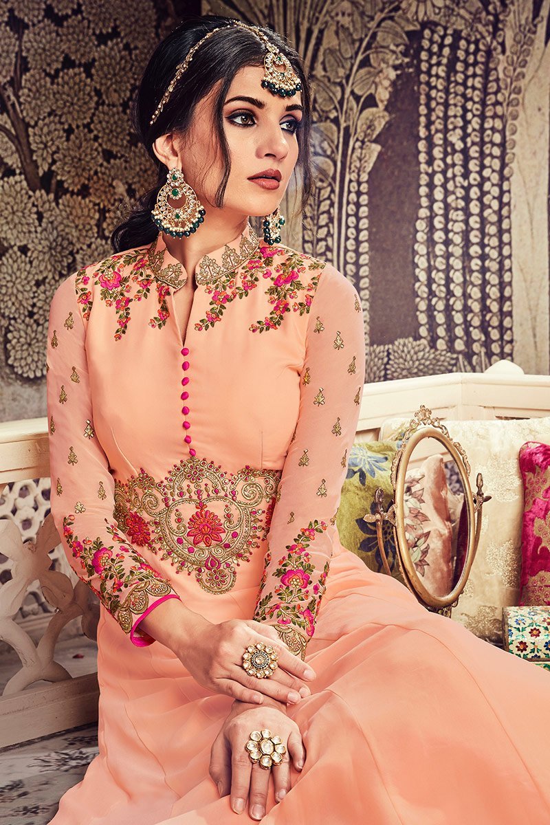 Peach Floor length Party Wear Anarkali Suit