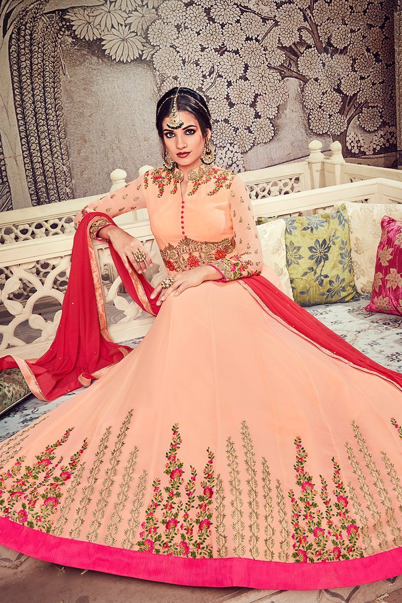Peach Floor length Party Wear Anarkali Suit