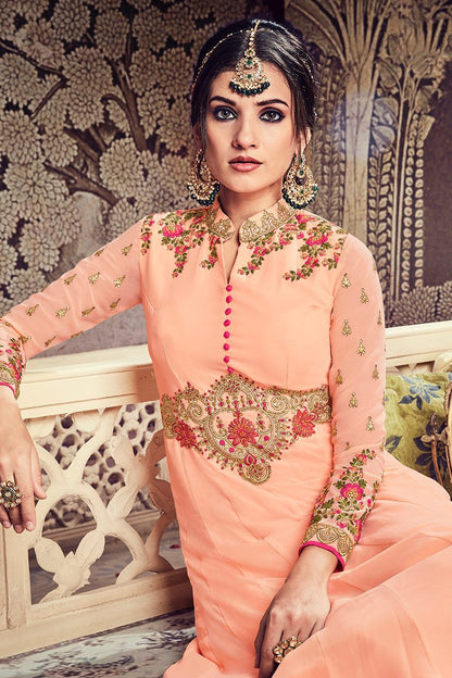 Peach Floor length Party Wear Anarkali Suit