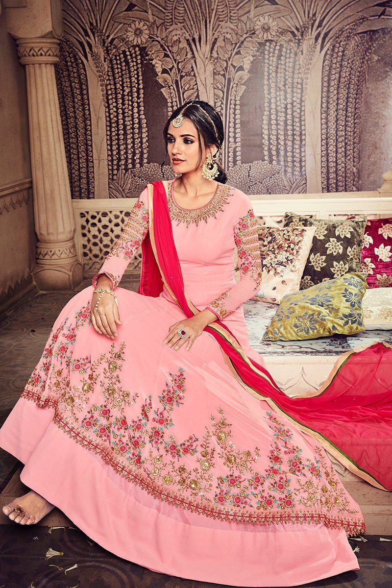 Baby-Pink Floor length Party Wear Anarkali Suit