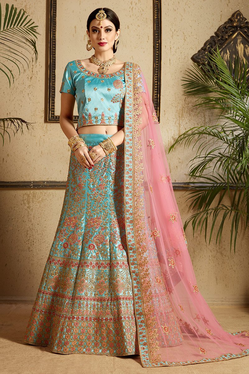 Firozi Lehenga Set with elegant artwork in gold