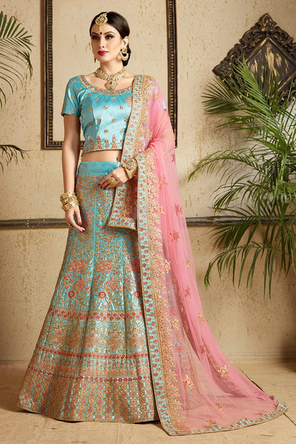 Firozi Lehenga Set with elegant artwork in gold