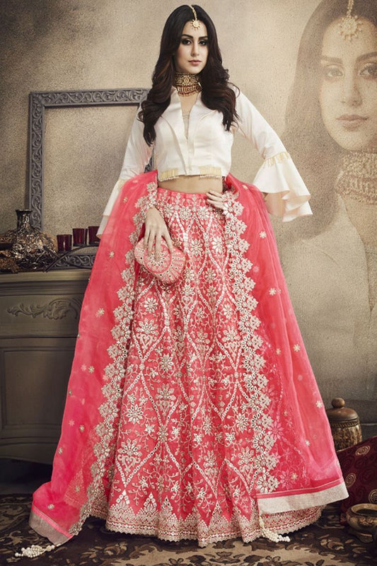 Coral Pink & Off White Net Crop Top Party Wear Lehenga set